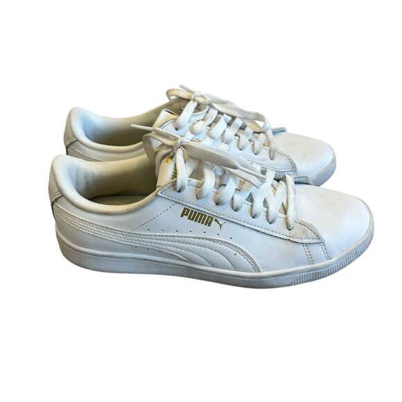 Puma Vikky Leather Sneaker White Gold Logo Lace-Up Tennis Shoes Size 8 Women's - Picture 3 of 13